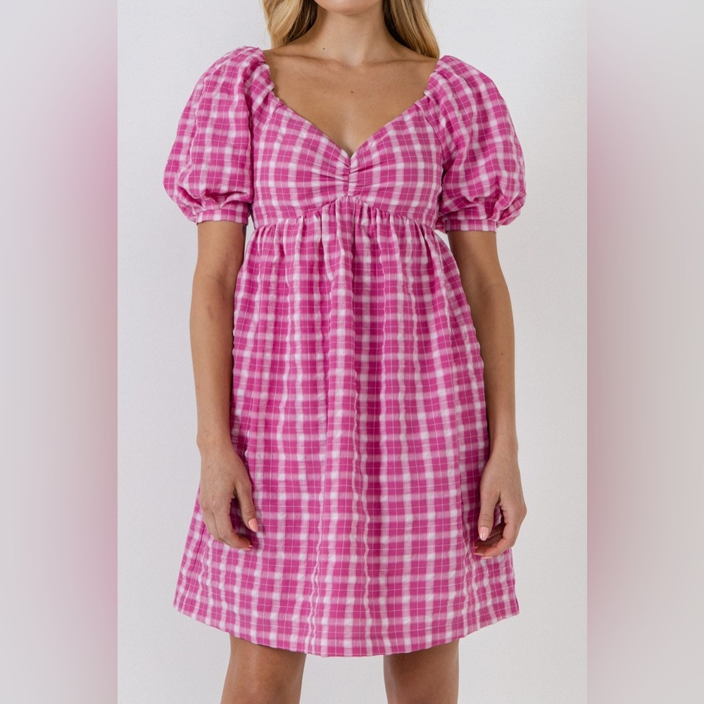 English Factory Pink Gingham Linen Sweetheart Baby Doll Dress M